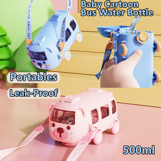 500ml Baby Cartoon Bus Water Bottle Creative Kids Toy Straw Bottle BPA Free Train Botol Air Portable