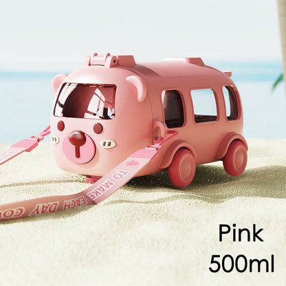 500ml Baby Cartoon Bus Water Bottle Creative Kids Toy Straw Bottle BPA Free Train Botol Air Portable