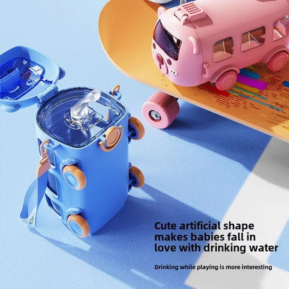 500ml Baby Cartoon Bus Water Bottle Creative Kids Toy Straw Bottle BPA Free Train Botol Air Portable