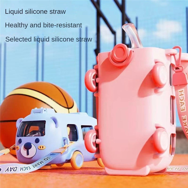 500ml Baby Cartoon Bus Water Bottle Creative Kids Toy Straw Bottle BPA Free Train Botol Air Portable